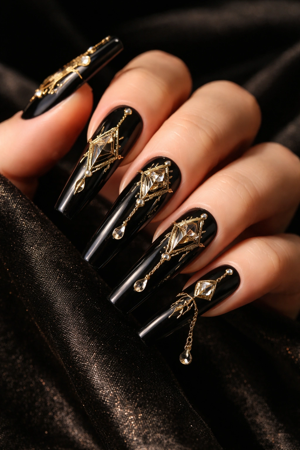 Close-up of black coffin nails with gold art deco charms