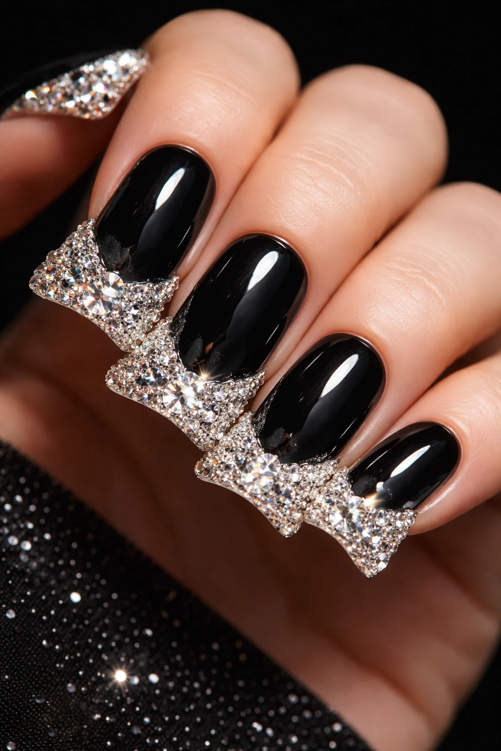 Duck nail with black base and crystal-diamond tip accents