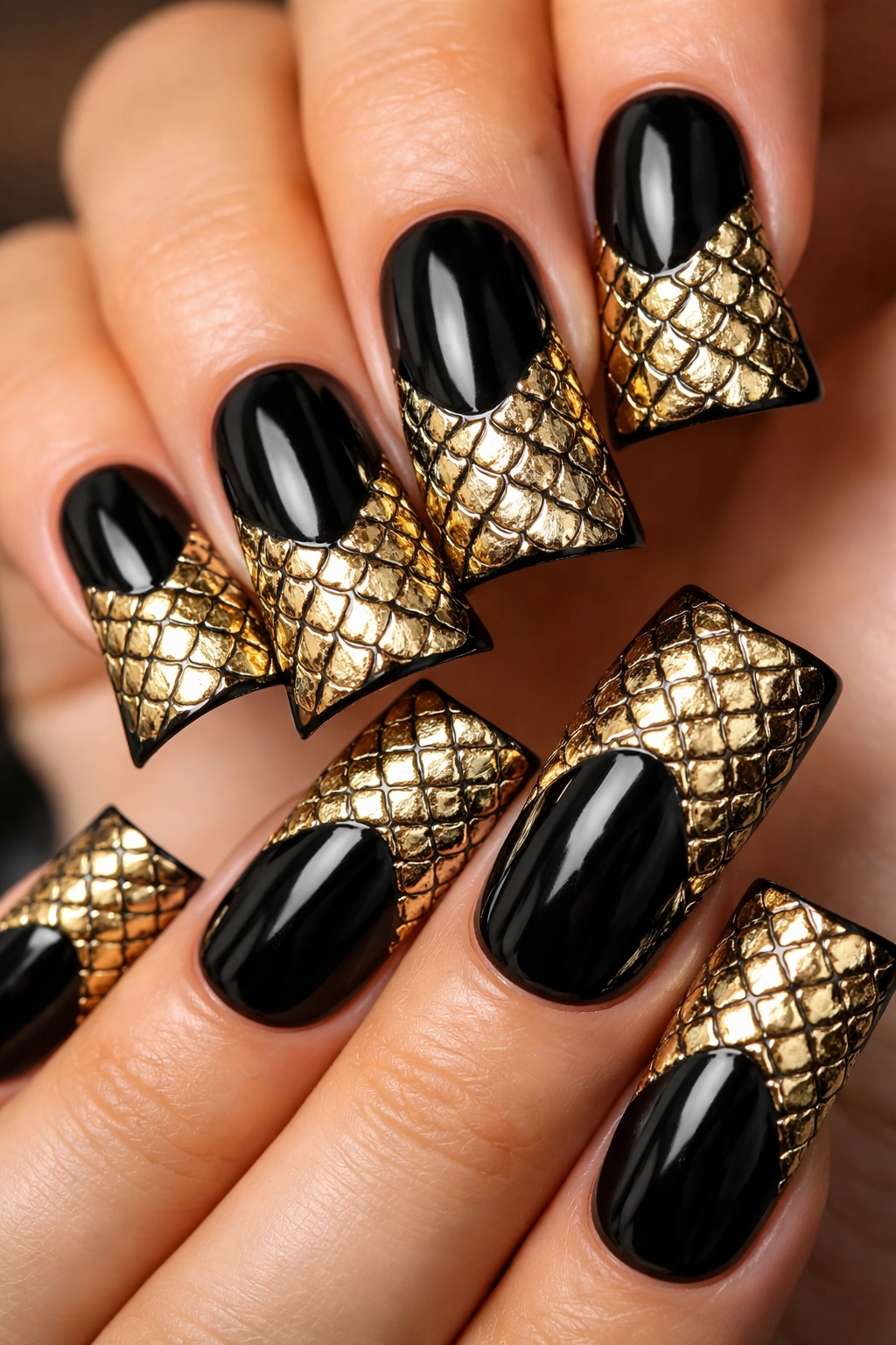 Black nails with metallic gold dragon scale pattern