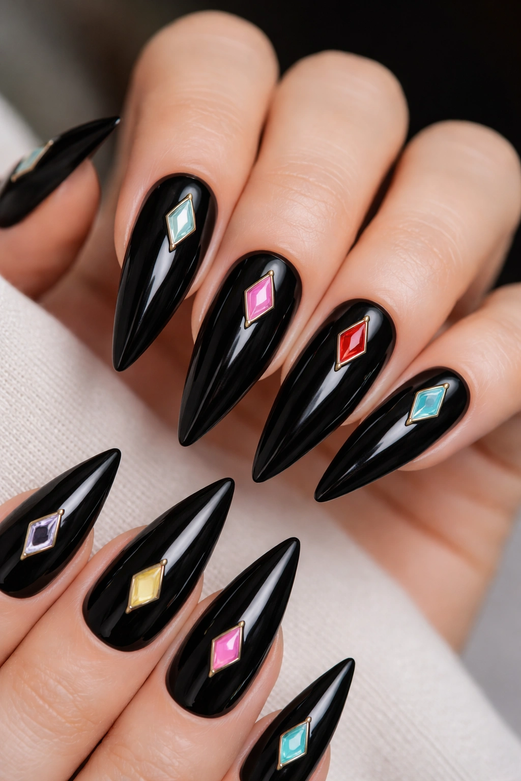 Close-up of black nails with diamond-shaped enamel charms