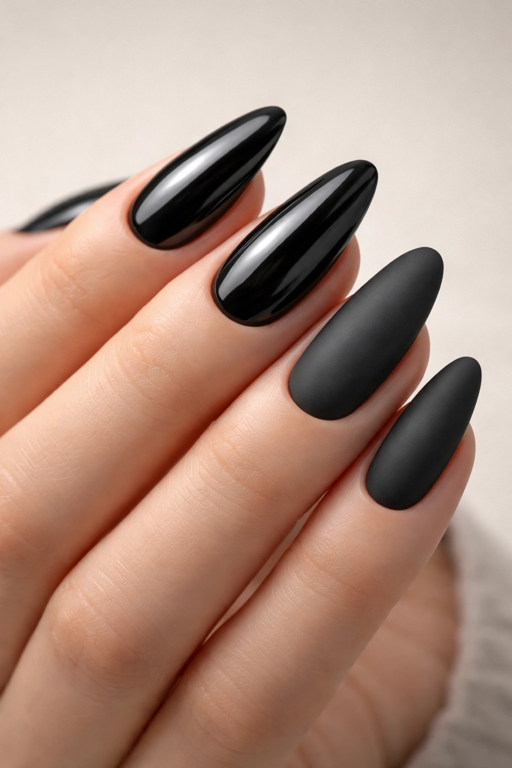 Close-up of black nails with glossy and matte finishes showing versatility
