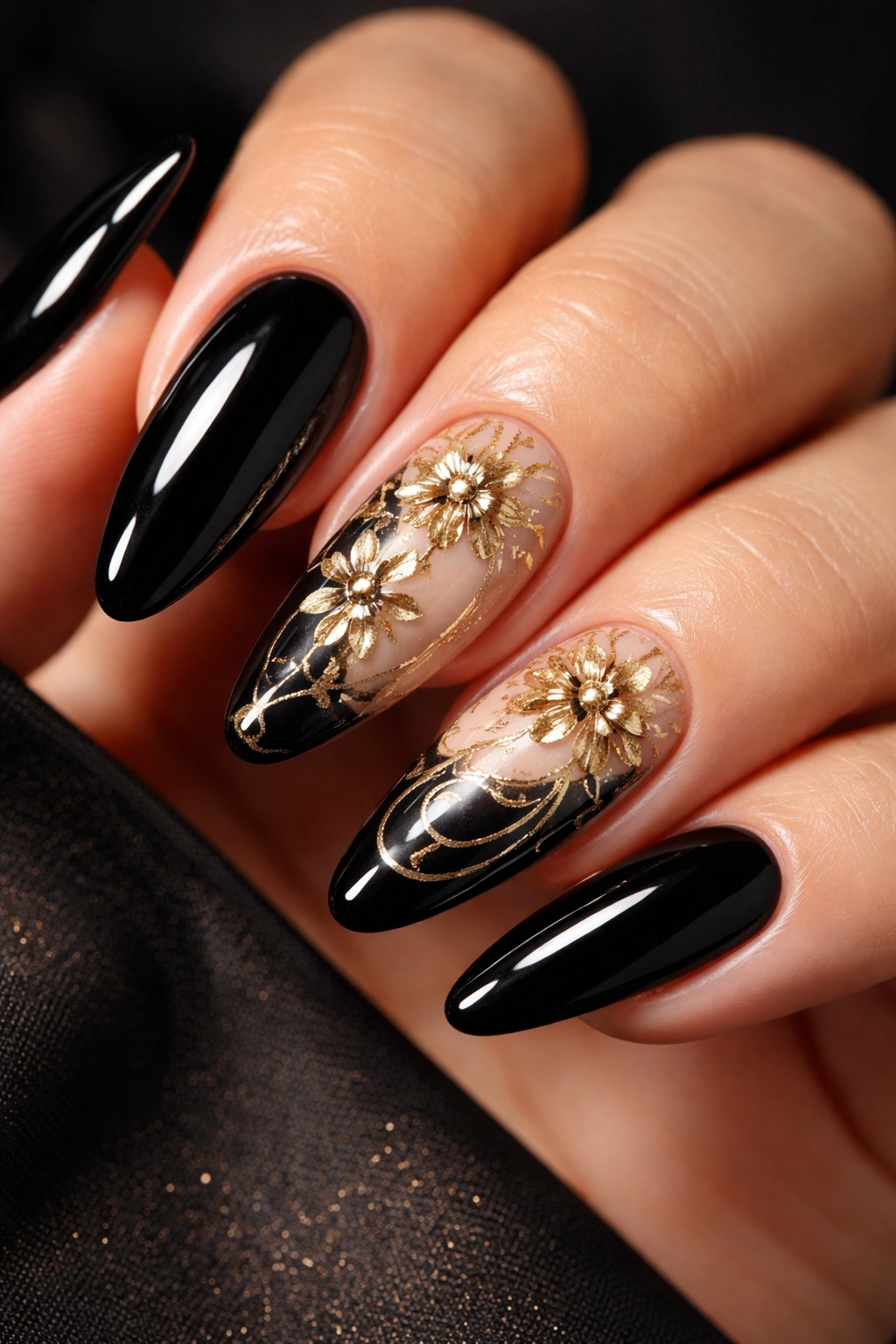 Black nails with gold floral designs and neutral accent nails