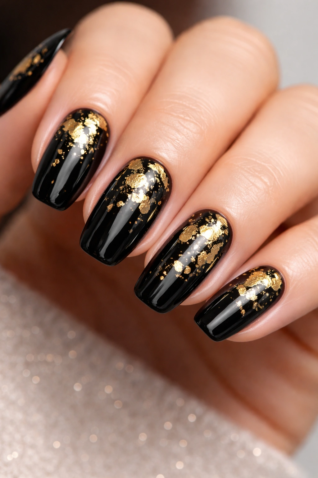 Close-up of glossy black nails with irregular gold foil accents