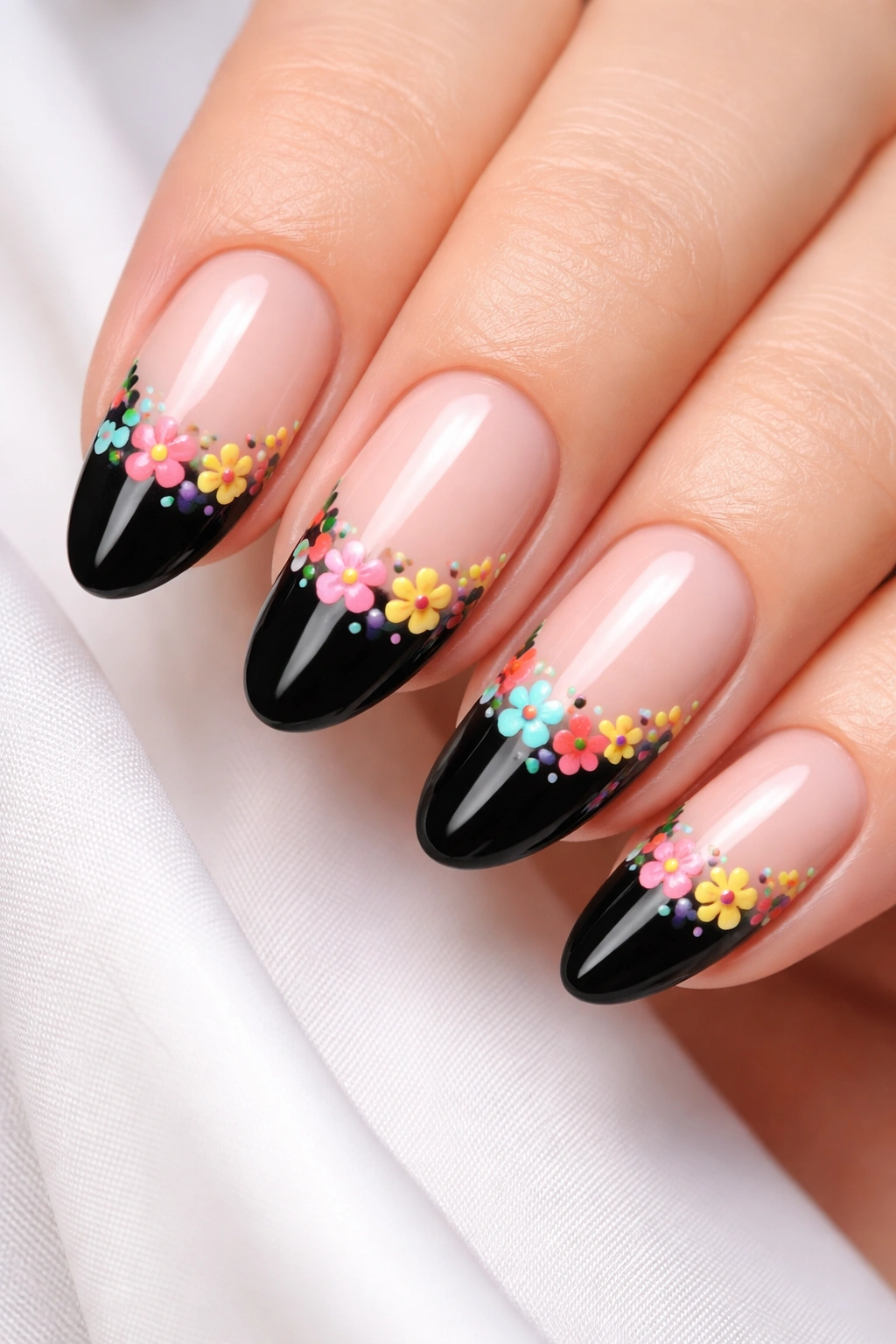Close-up of nails with black French tips and colorful floral accents above the line.