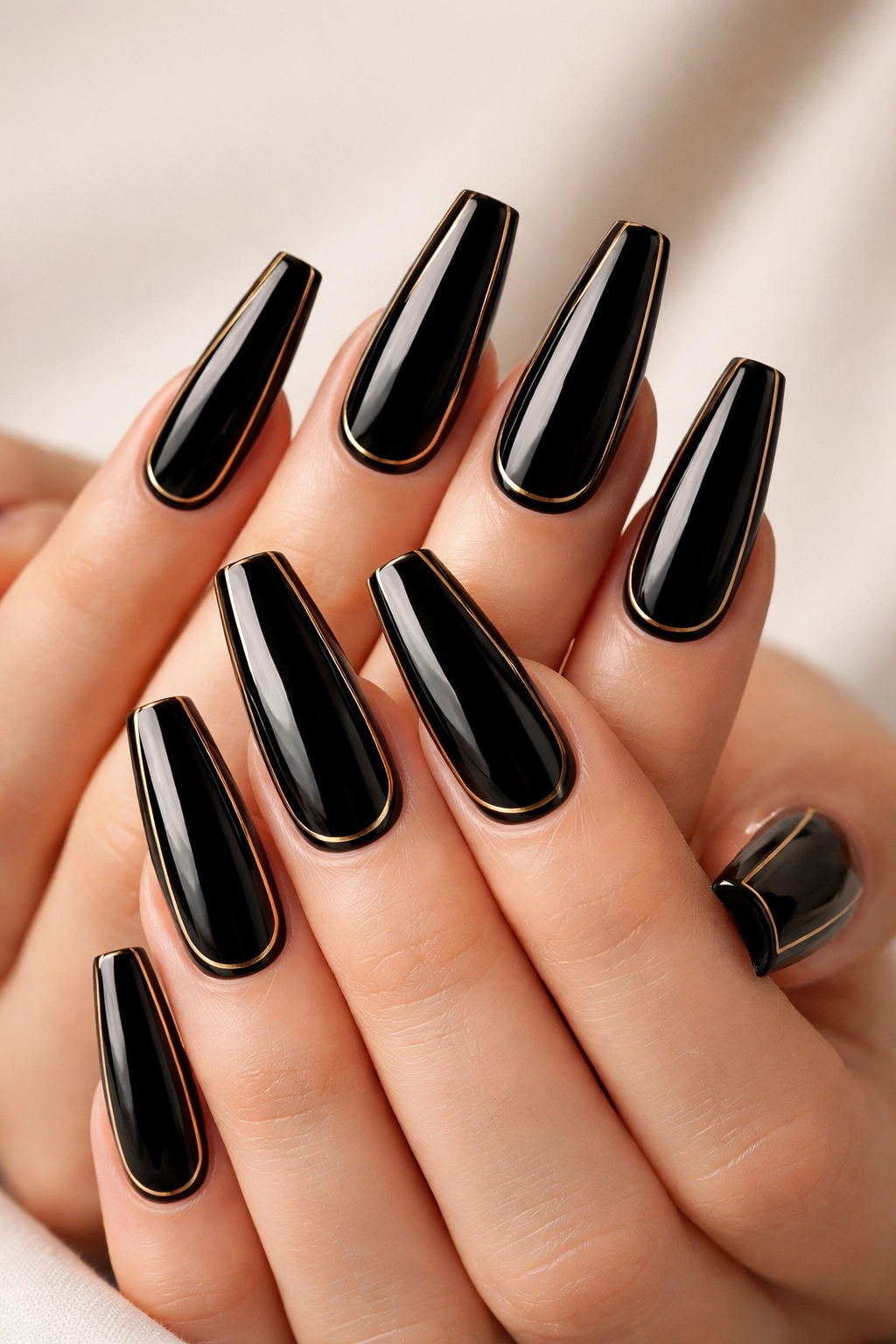 Close-up of black glossy coffin nails with thin gold frames.
