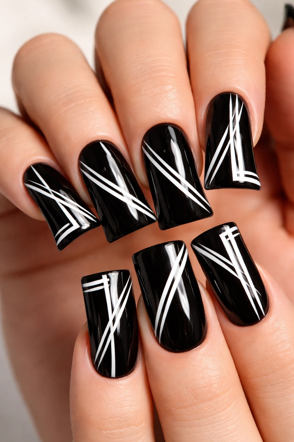 Close-up of black duck nails with white geometric lines on a hand