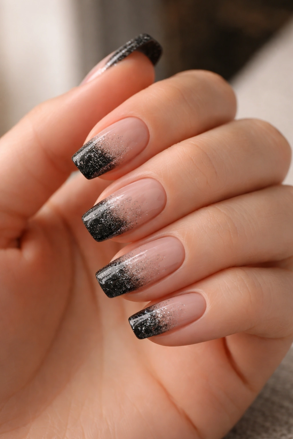 Close-up of short ballerina nails with a black base and glitter tip fade