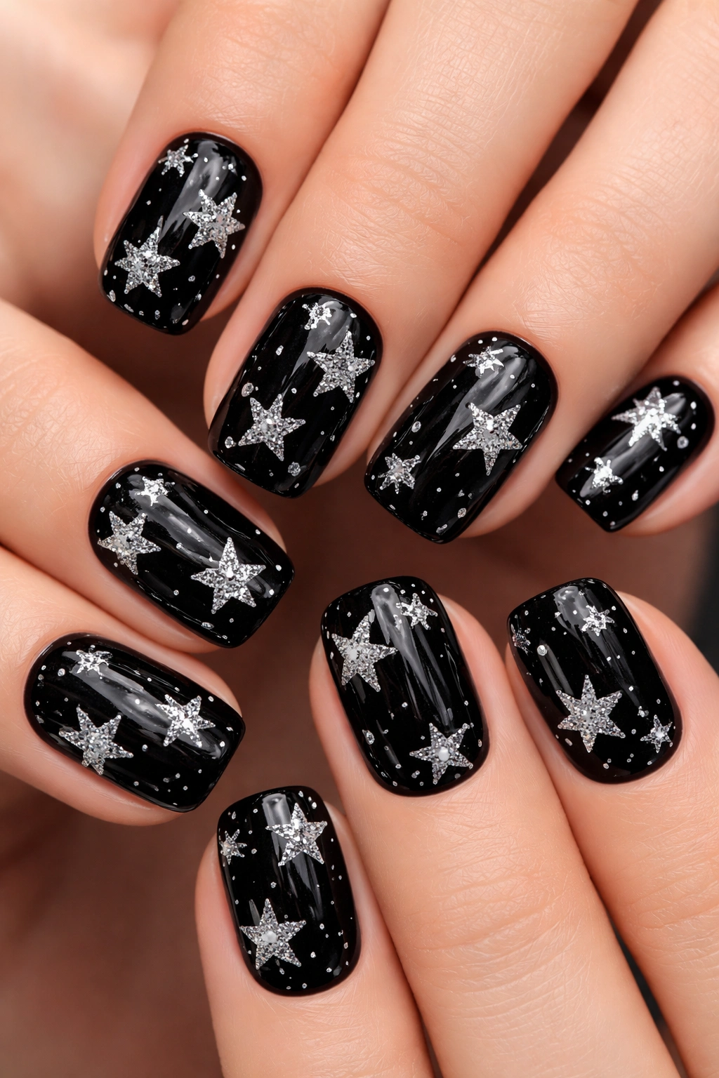 Close-up of black nails with silver glitter stars.