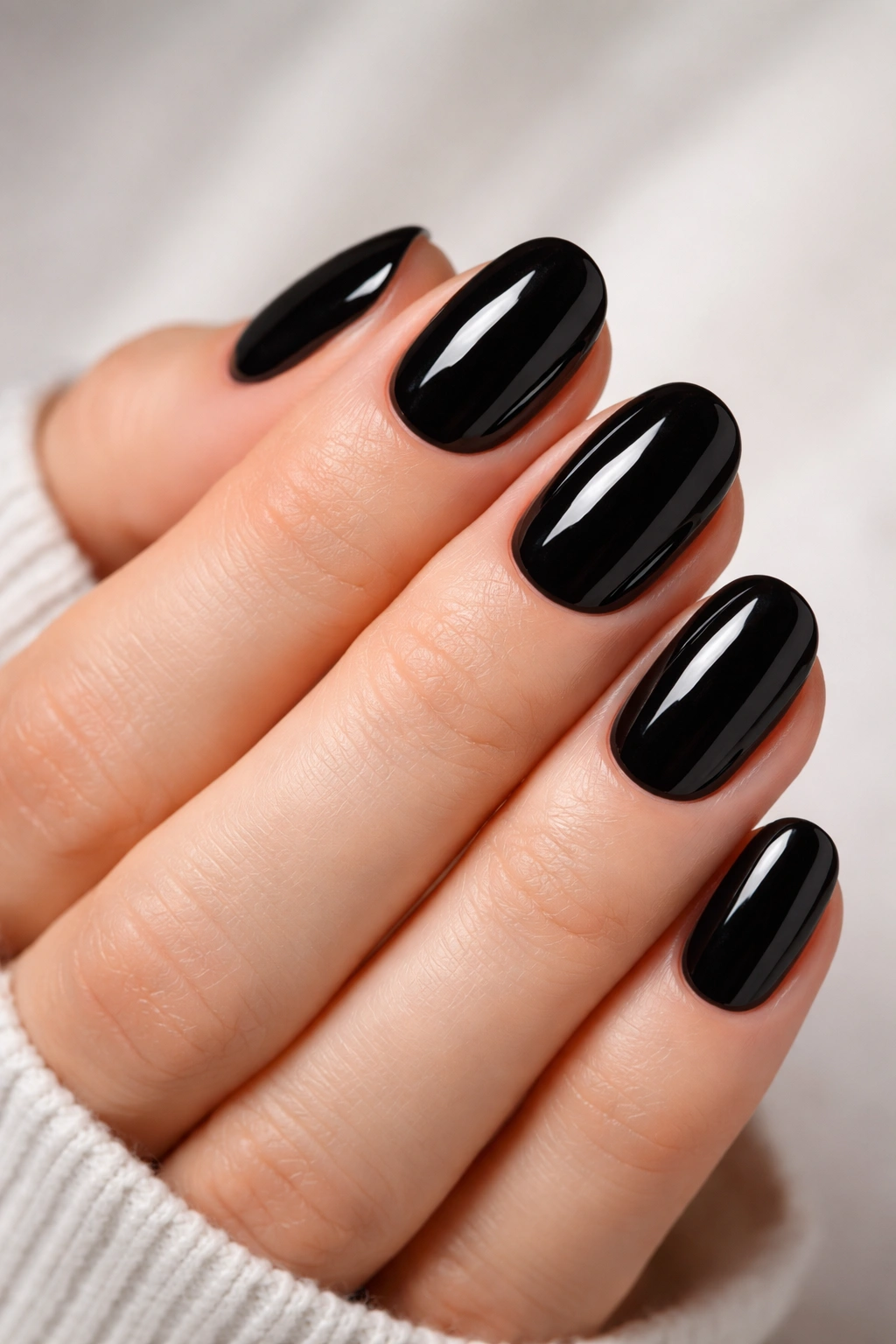Close-up of black short oval nails with a glossy finish.