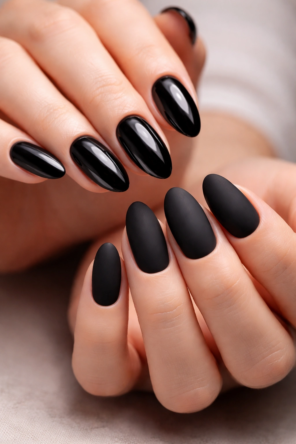 Close-up of hands with black nails in glossy and matte finishes, highlighting year-round versatility