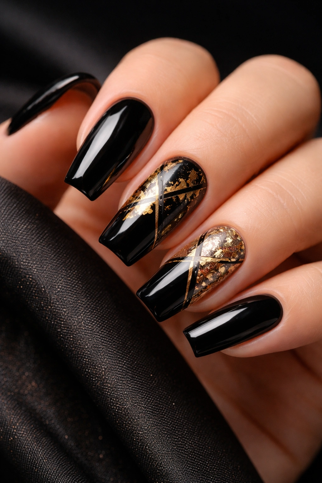 Close-up of glossy black nails with gold foil accents on accent nails
