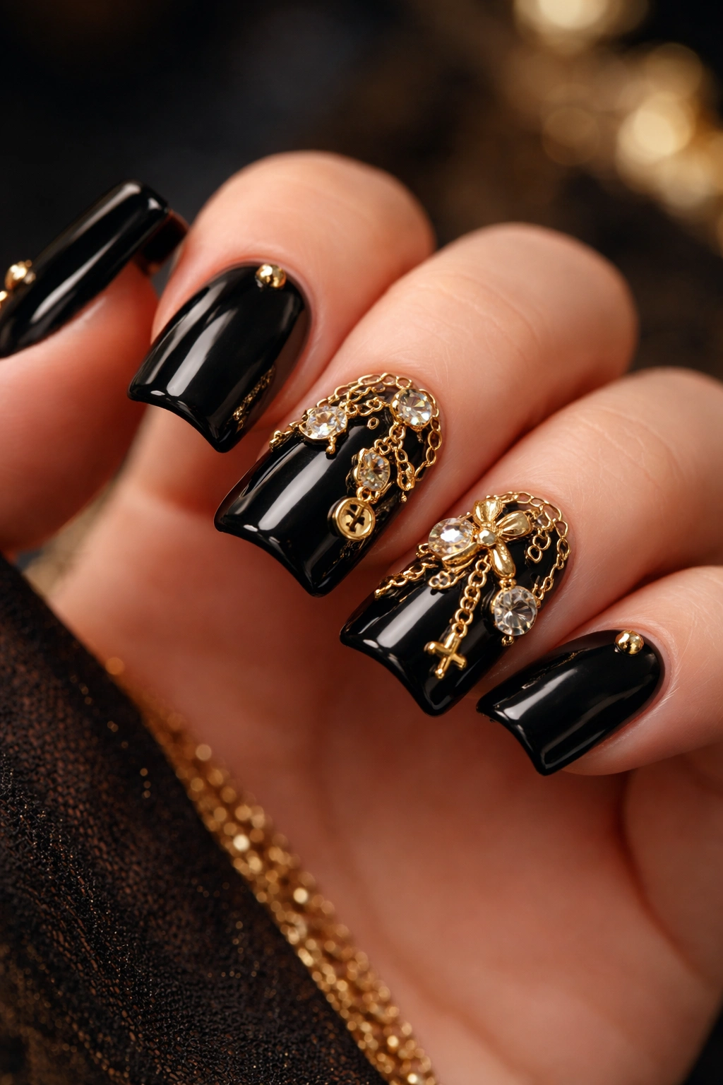 Black nails with stacked gold charms.