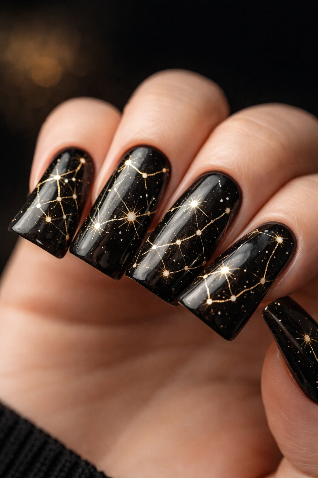 Duck nails showing a gold constellation map on a black base.