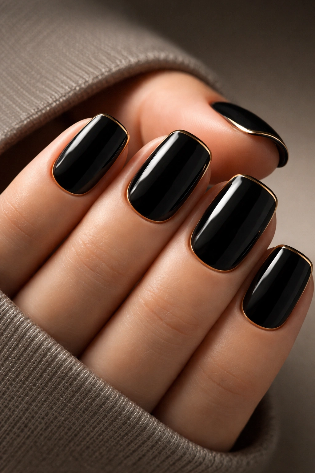 Black nails with a thin gold frame along the edges on squoval nails