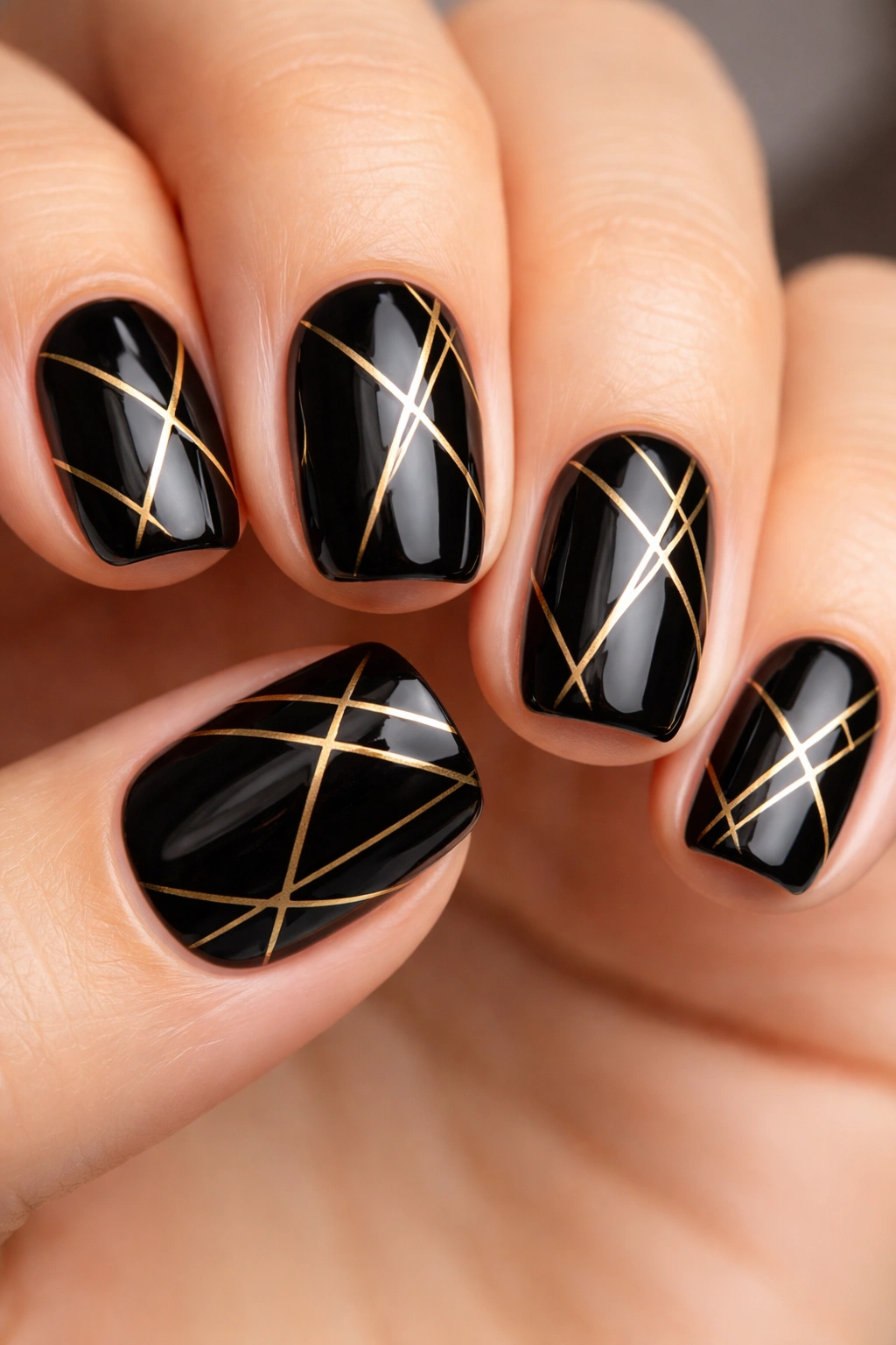 Close-up of black nails with thin gold geometric cage lines.
