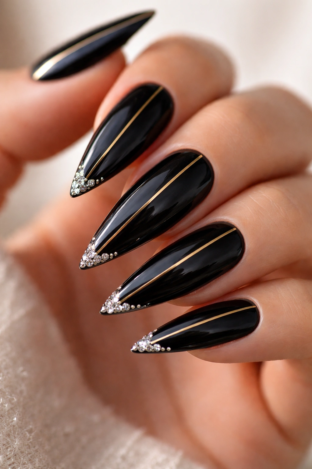 Glossy black stiletto nails with a gold line and rhinestone tips.