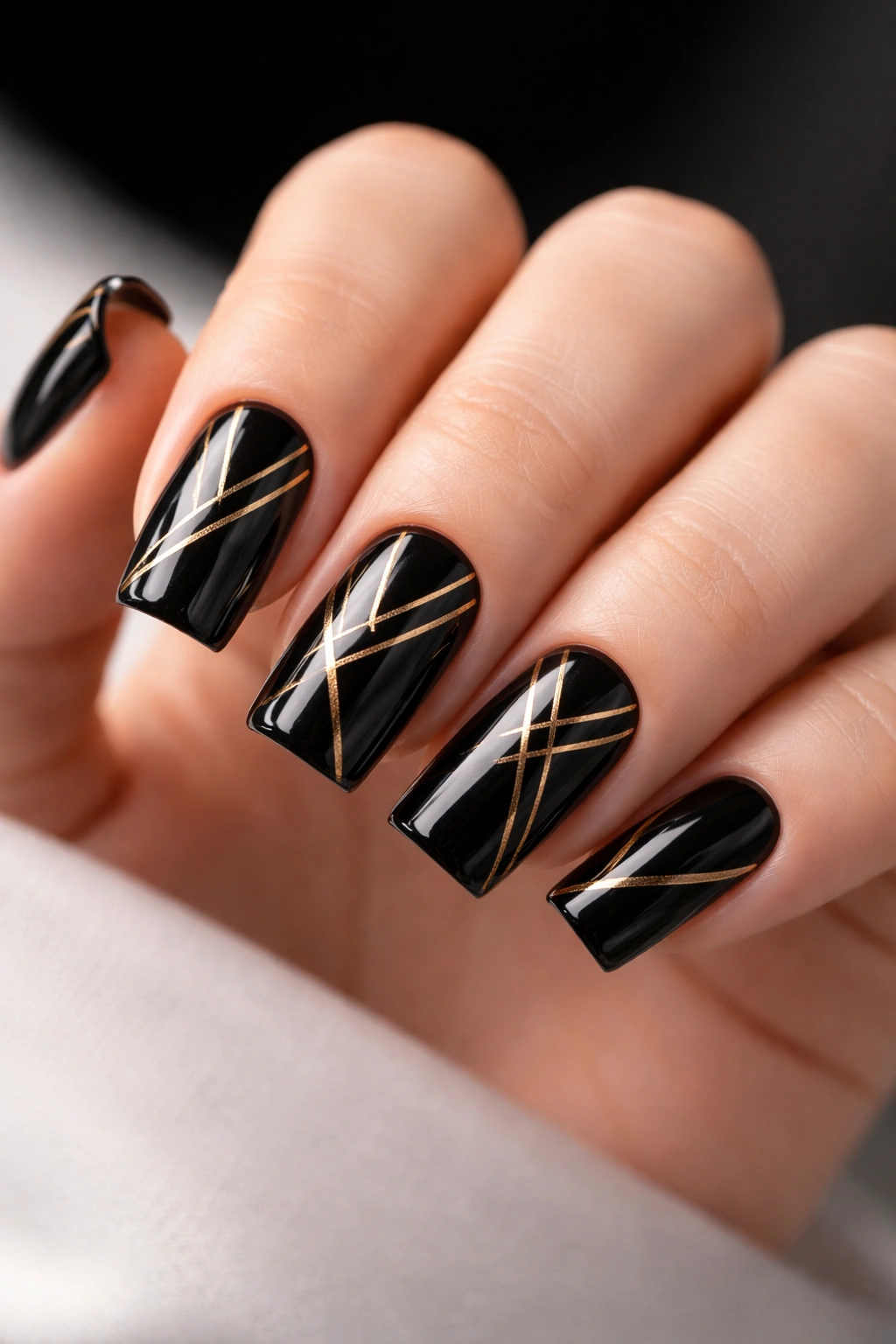 Close-up of glossy black nails with gold geometric lines on soft square tips