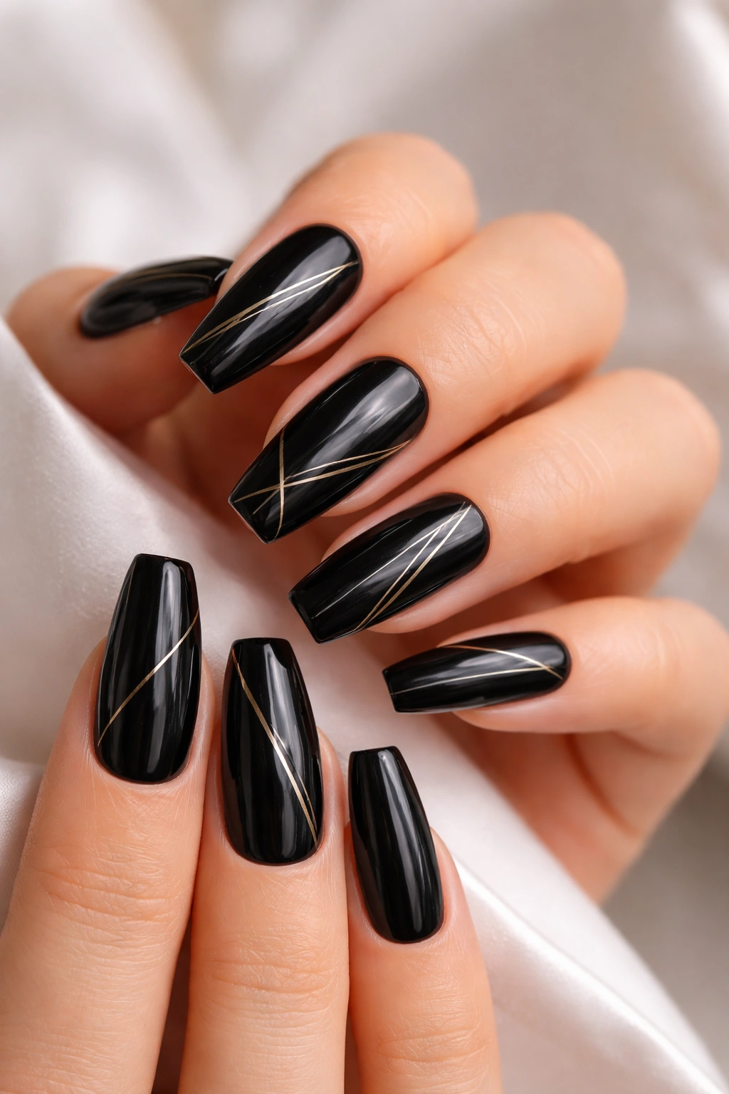 Coffin nails black with fine gold stripes