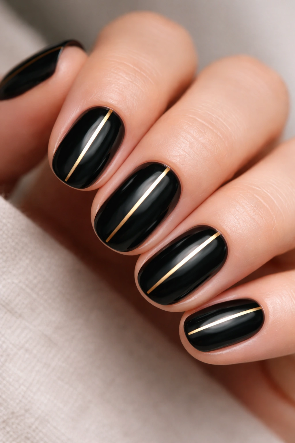 Short oval nails with black base and a single gold stripe