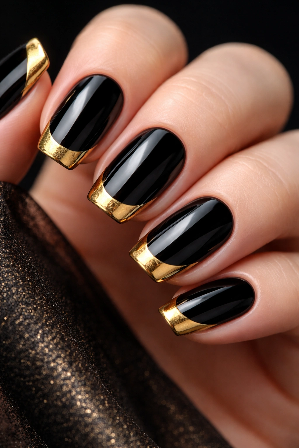 Black nails with gold French tips