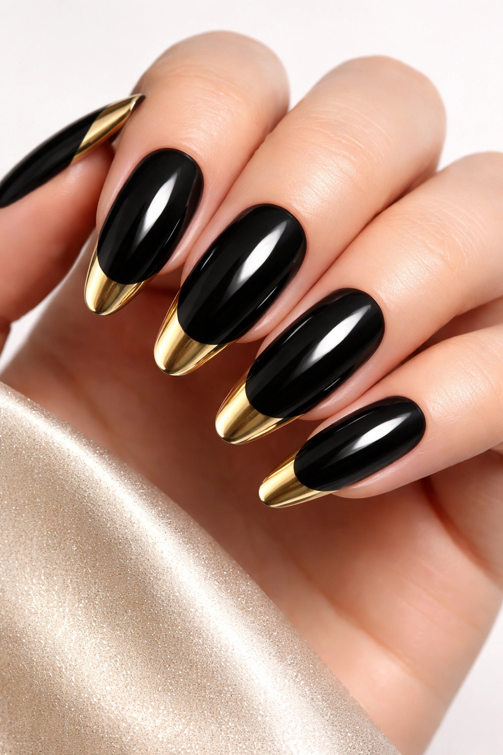 Black glossy nails with gold metallic tips on long oval nails
