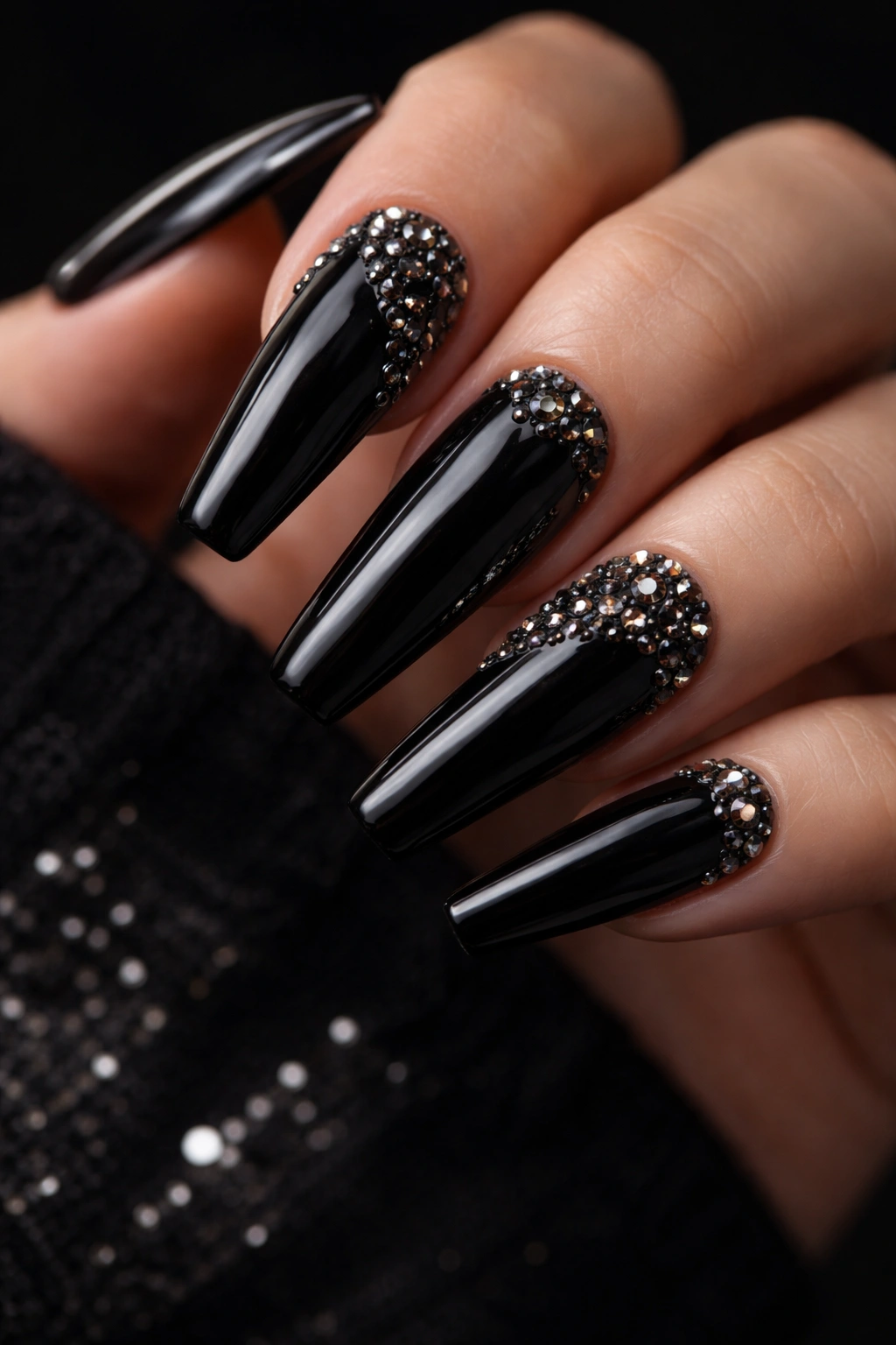 Black nails with gunmetal rhinestones