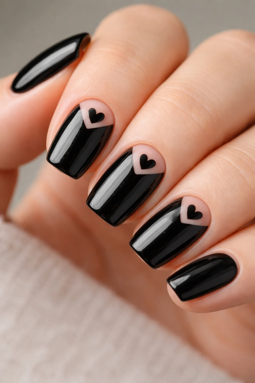 Black nails with negative-space heart cutouts on short ballerina nails