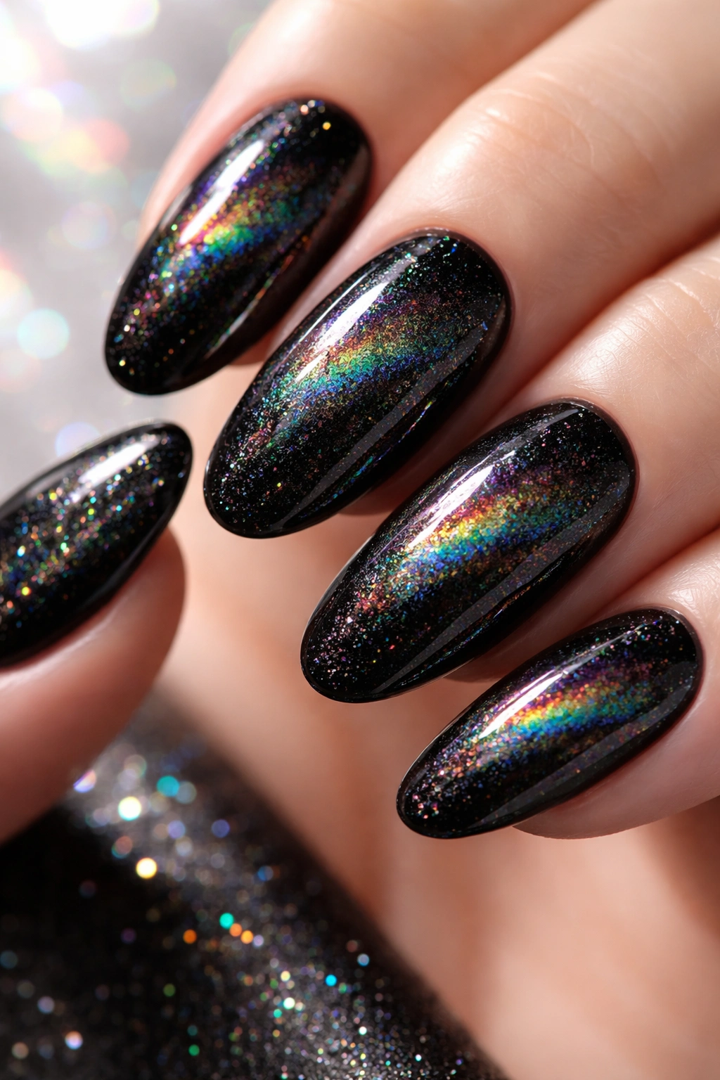 Close-up of black nails with holographic rainbow shimmer