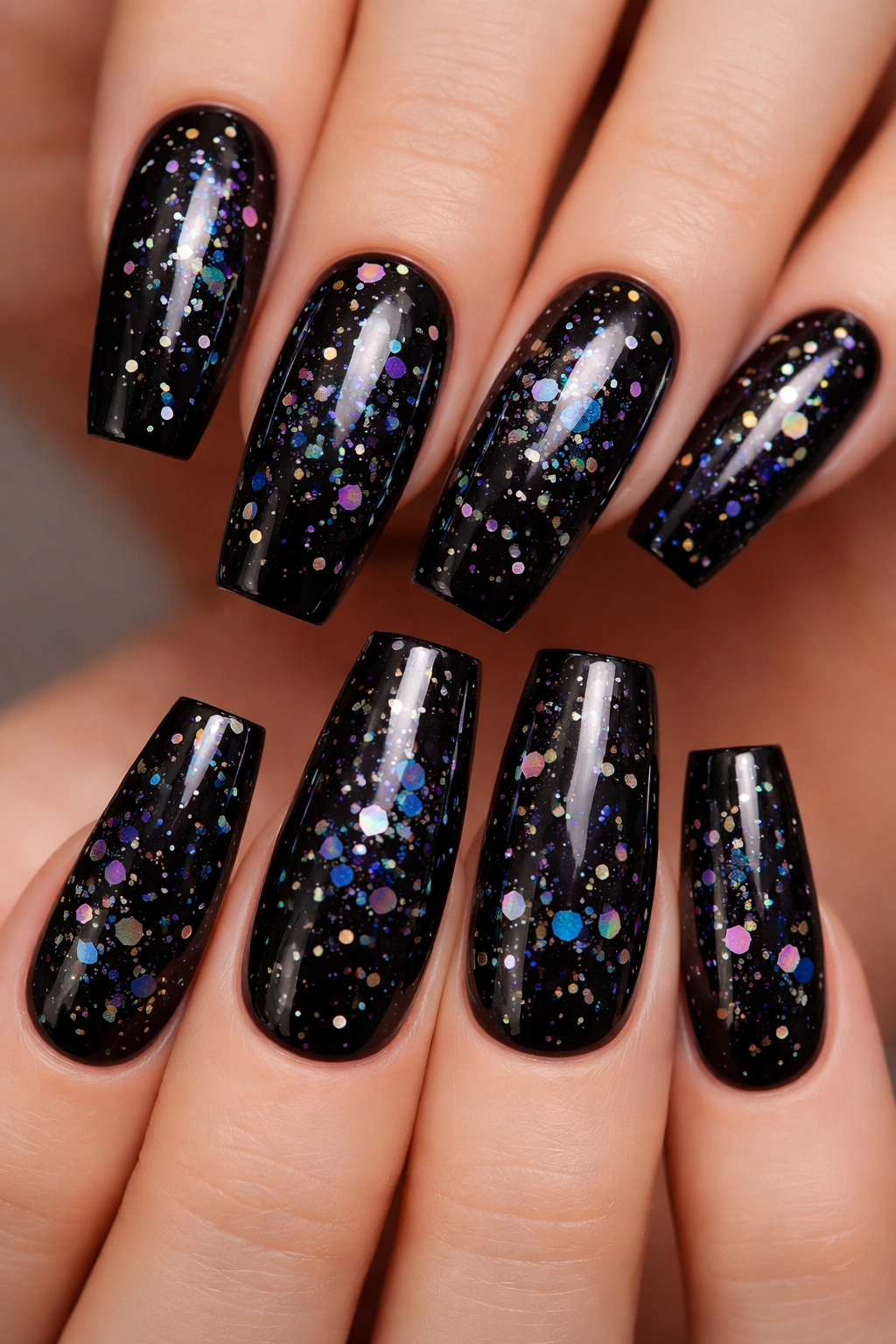 Close-up of black coffin nails with holographic confetti catching light