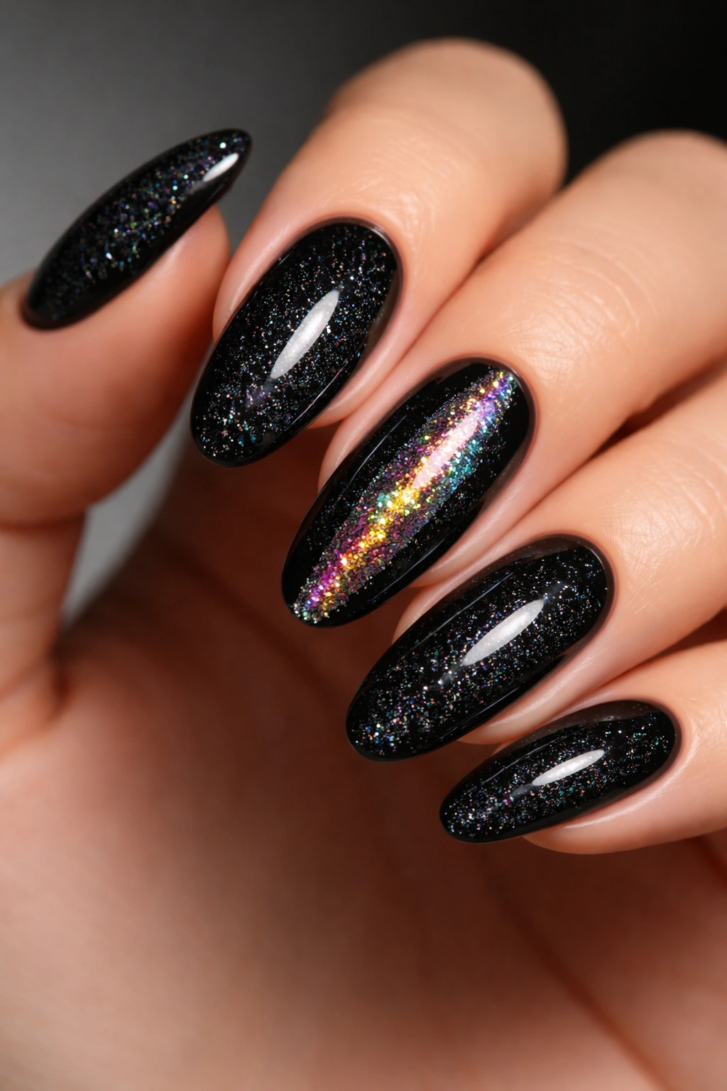 Close-up of long oval nails with black base and holographic glitter accent nail