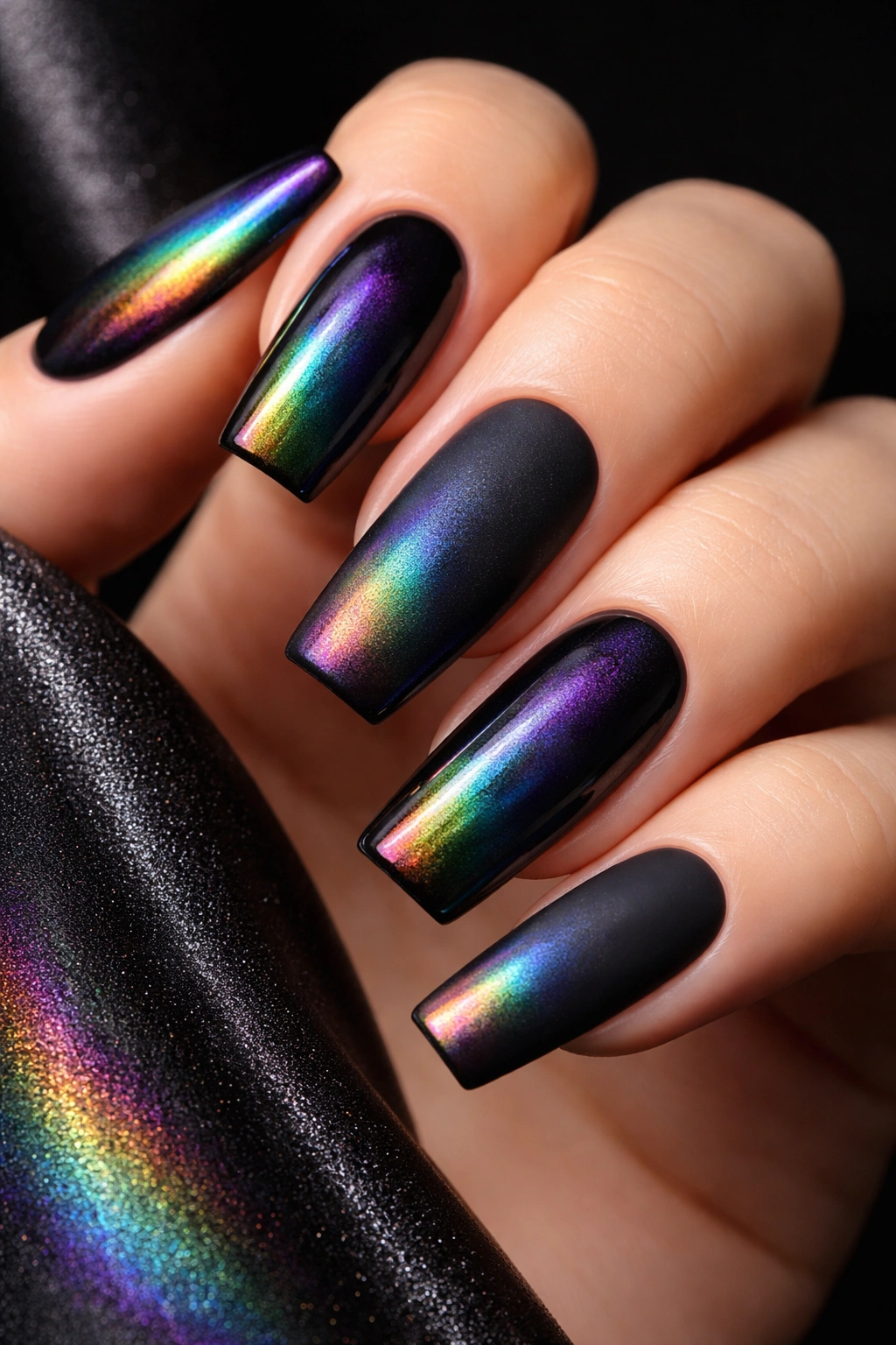 Close-up of black nails with holographic rainbow gradient and mixed matte and glossy finishes