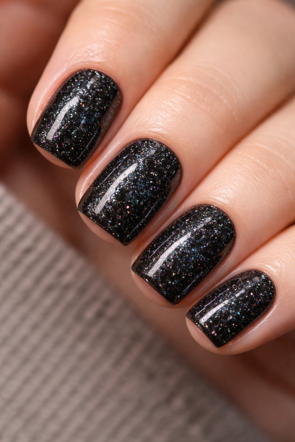 Close-up of black squoval nails with holographic sparkle