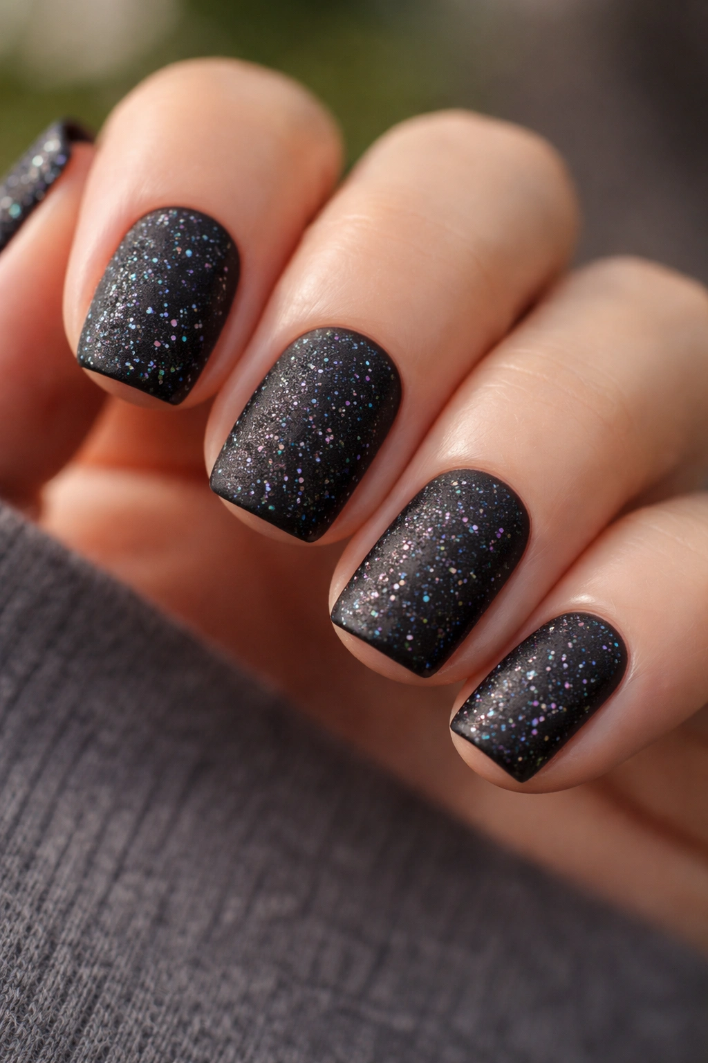 Nails with matte black base and scattered holographic speckles under natural light