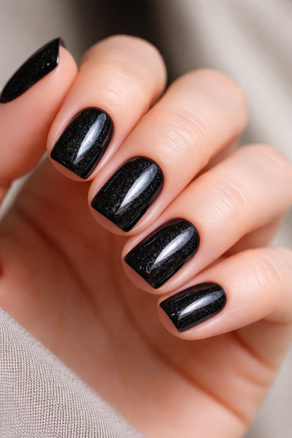 Close-up of ultra-glossy black nails with subtle rainbow holographic reflections.