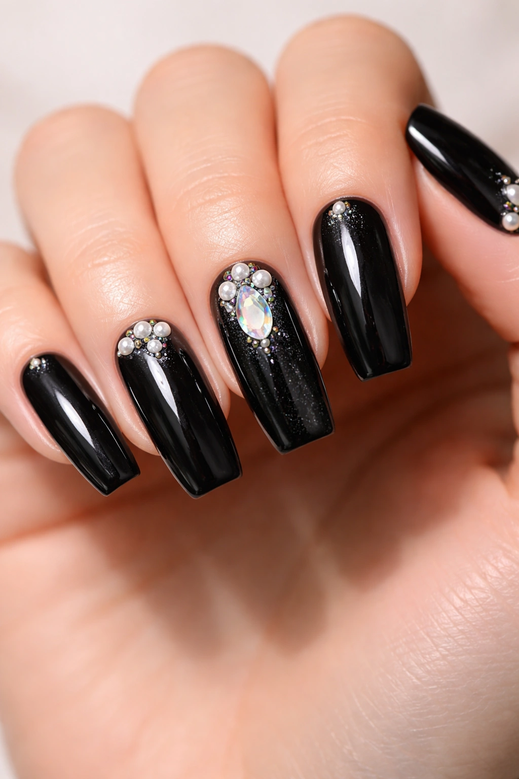 Close-up of black coffin nails with pearl and iridescent accents