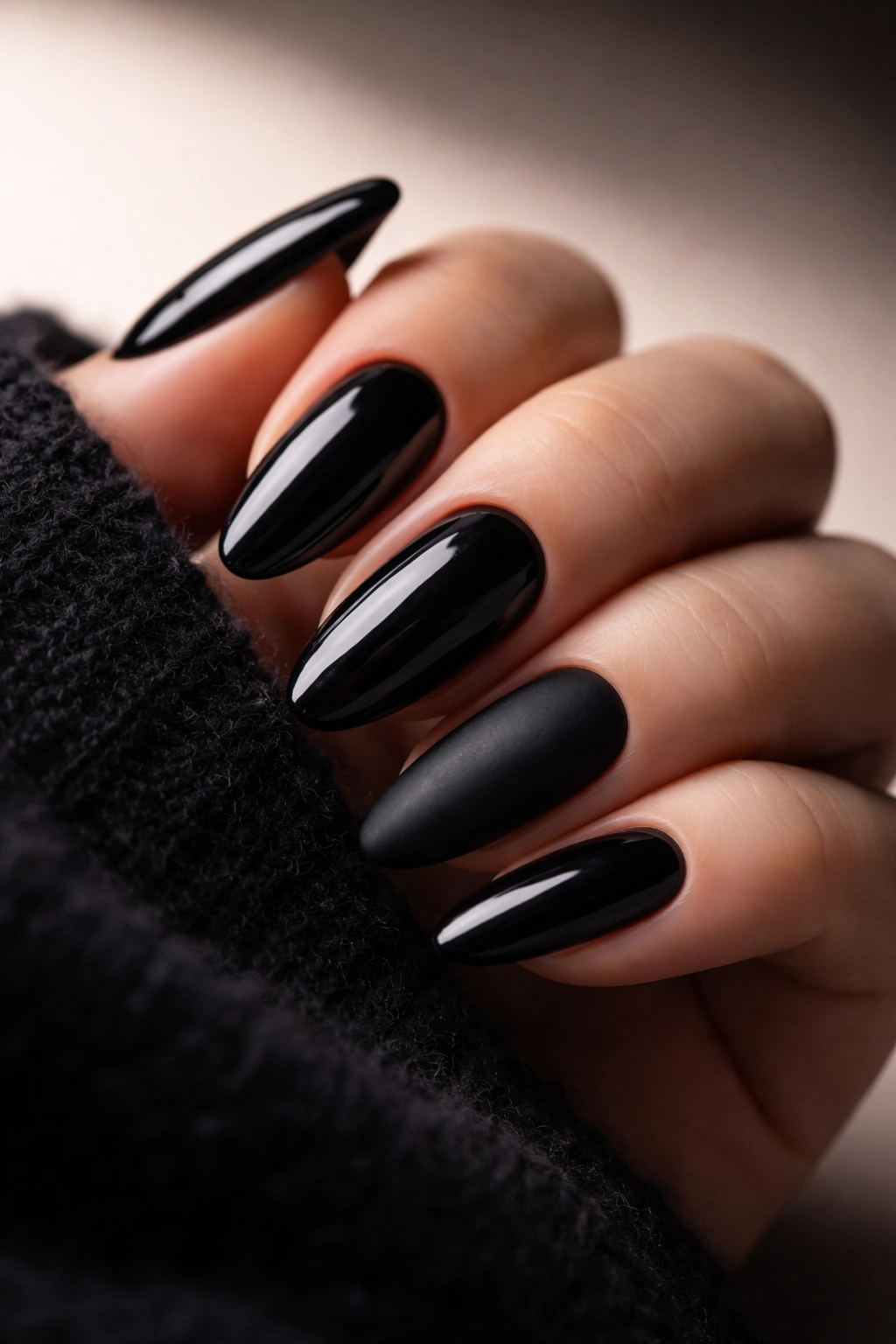 Close-up of black manicure with matte or glossy finish.