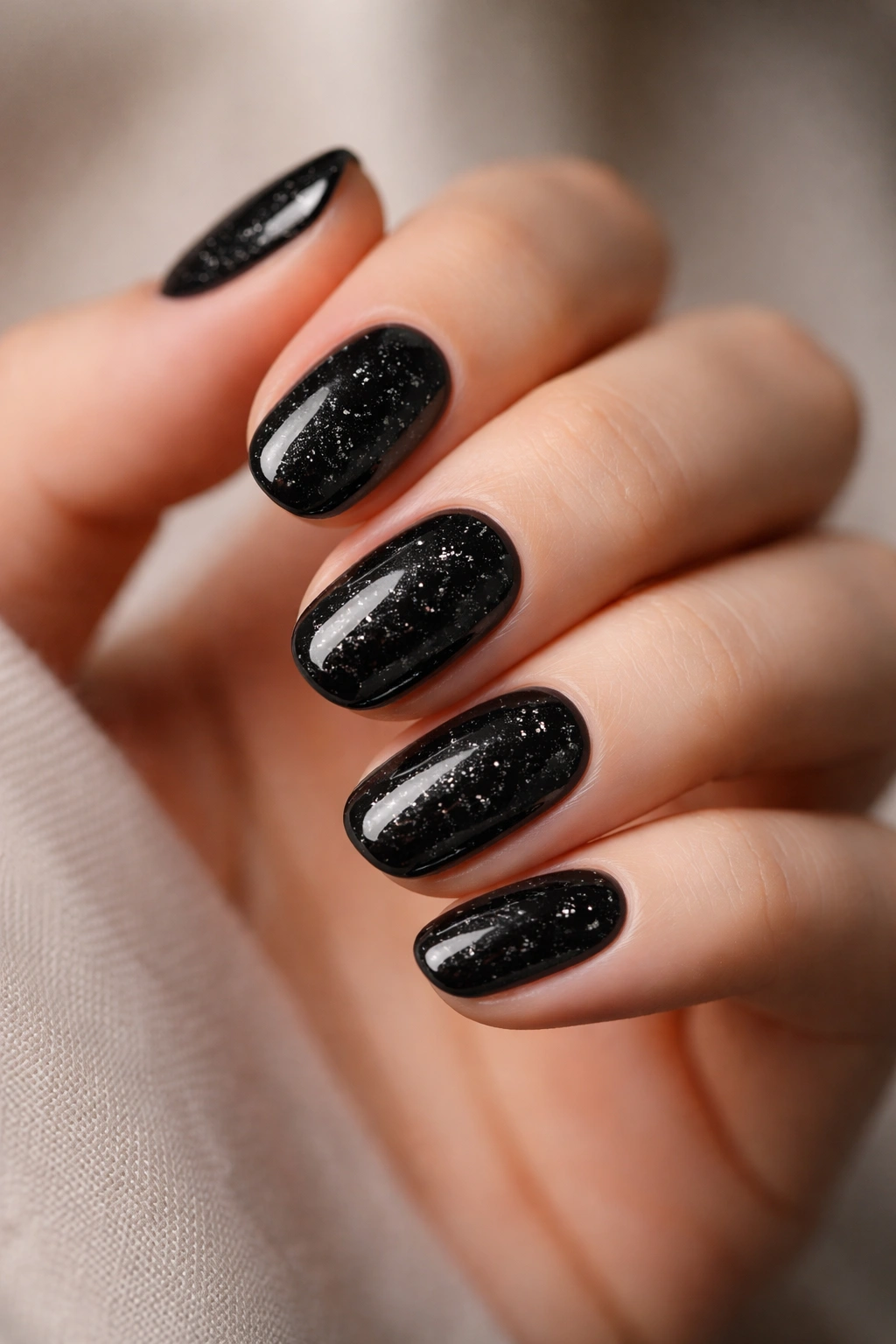 Close-up of short oval nails with black polish and tiny silver flecks