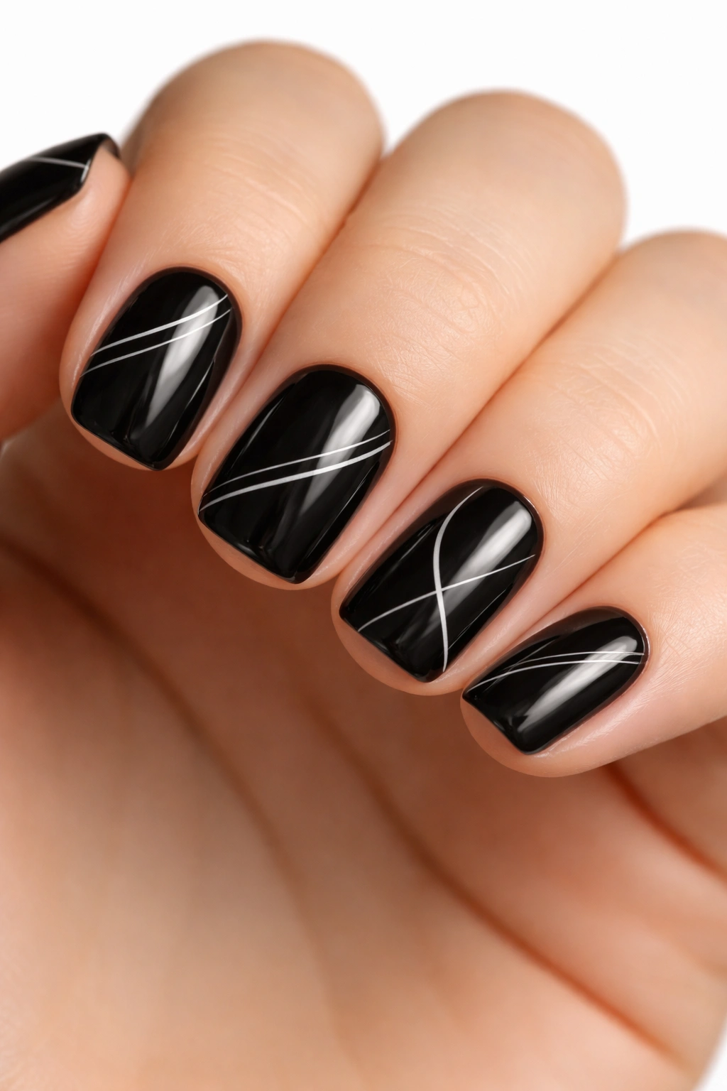 Close-up of short squoval nails with black base and minimalist white line art