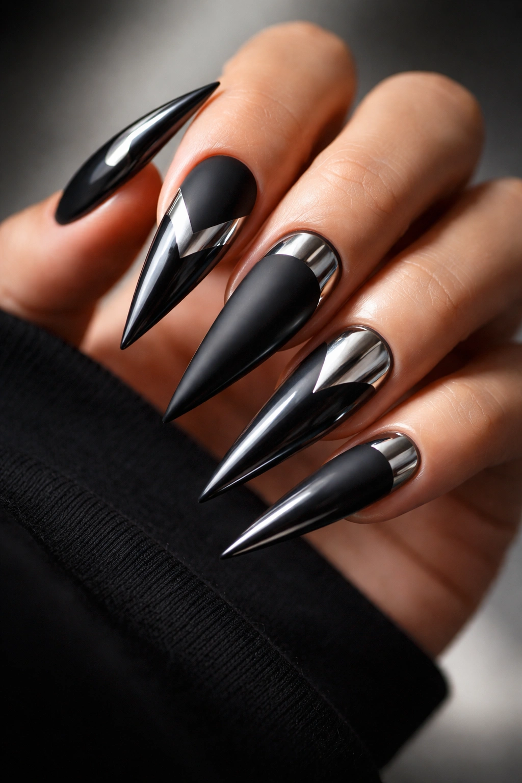 Close-up of black stiletto nails with mirror metallic accents catching light.