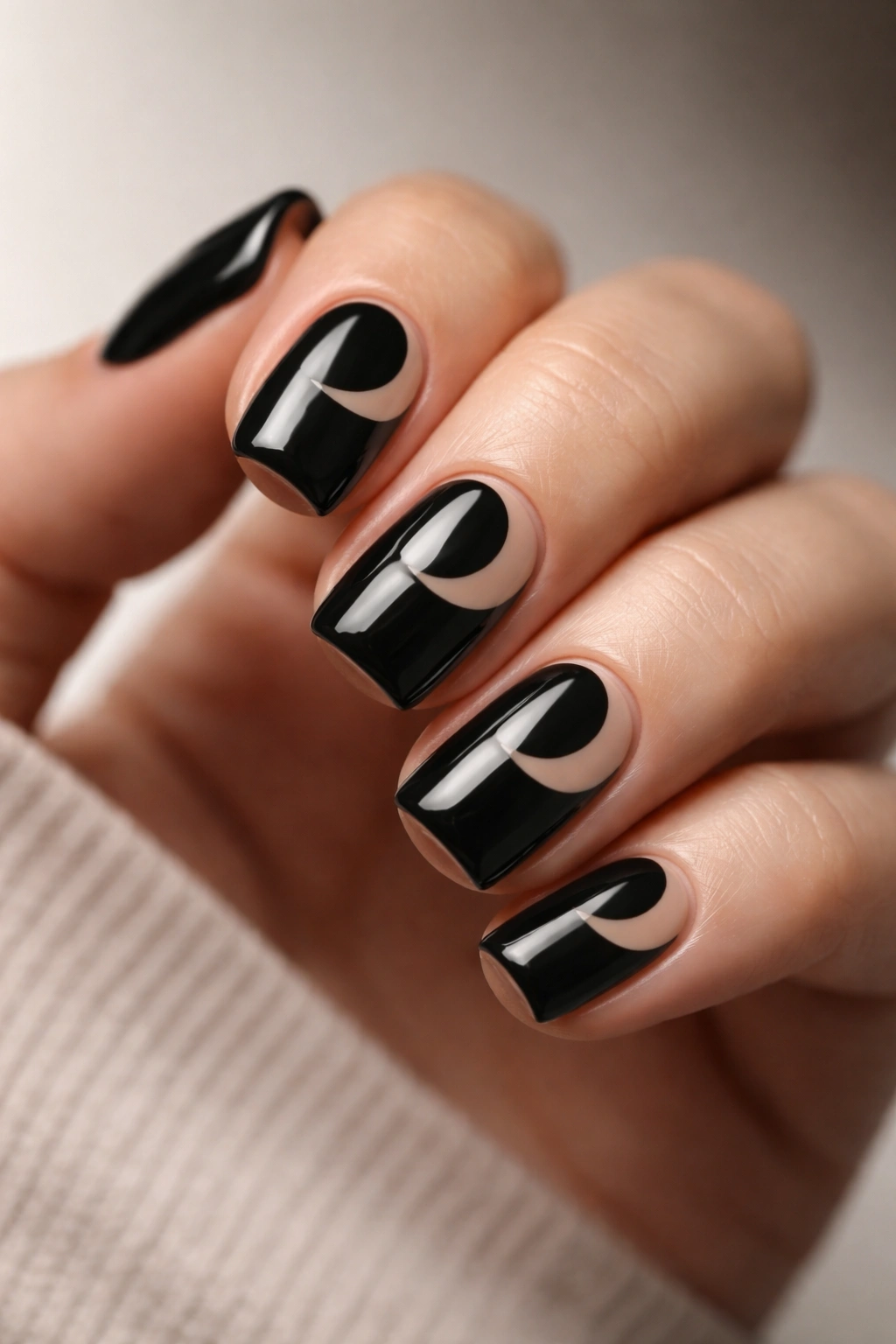Close-up of black nails with crescent moon cutouts revealing nude base.