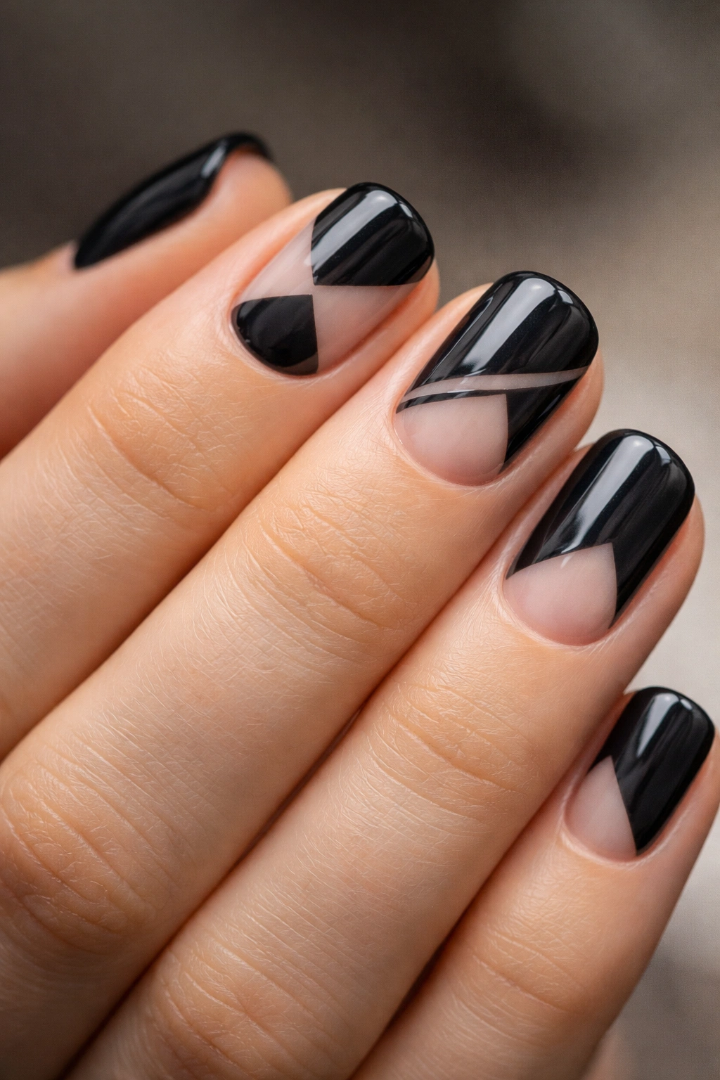 Short black nails with negative-space geometric shapes