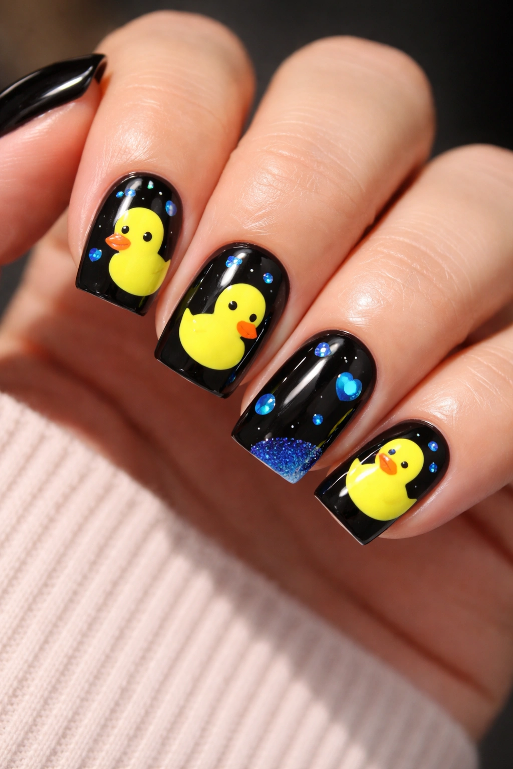 Close-up of black nails with neon yellow ducks and electric blue accents
