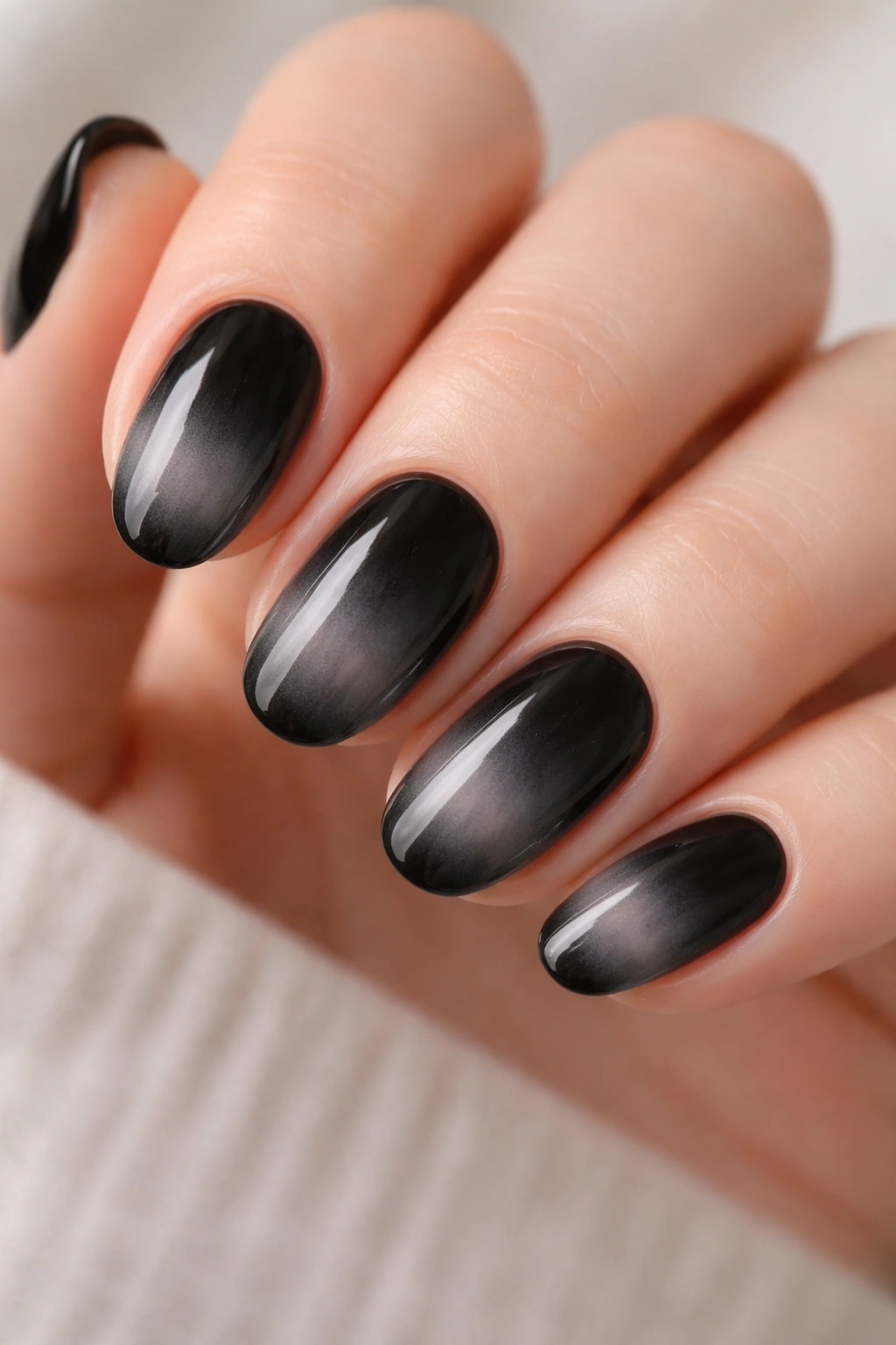 Short oval nails with smoky gray ombré from black to gray