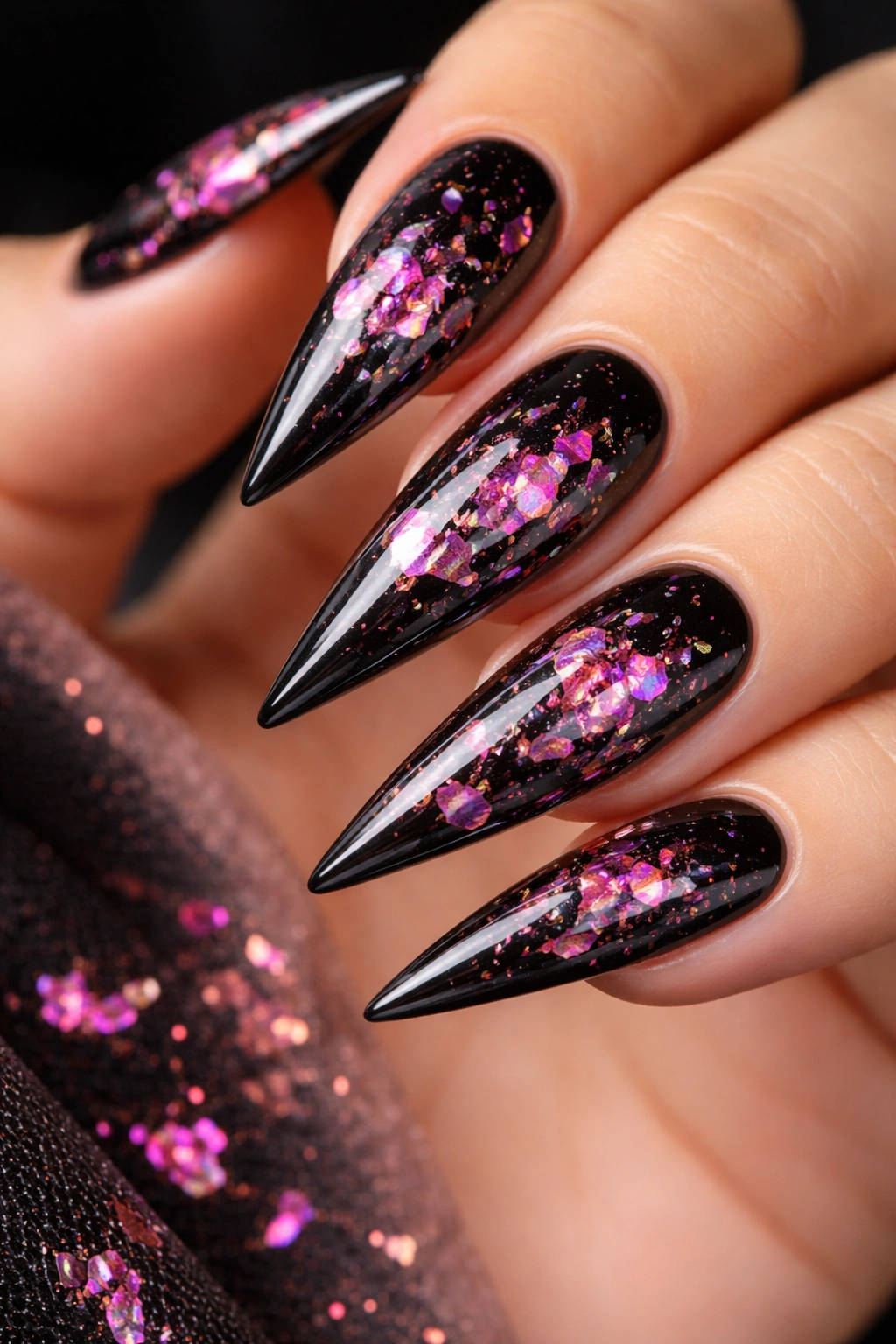 Stiletto nails with crystalline black base and pink holographic foil accents