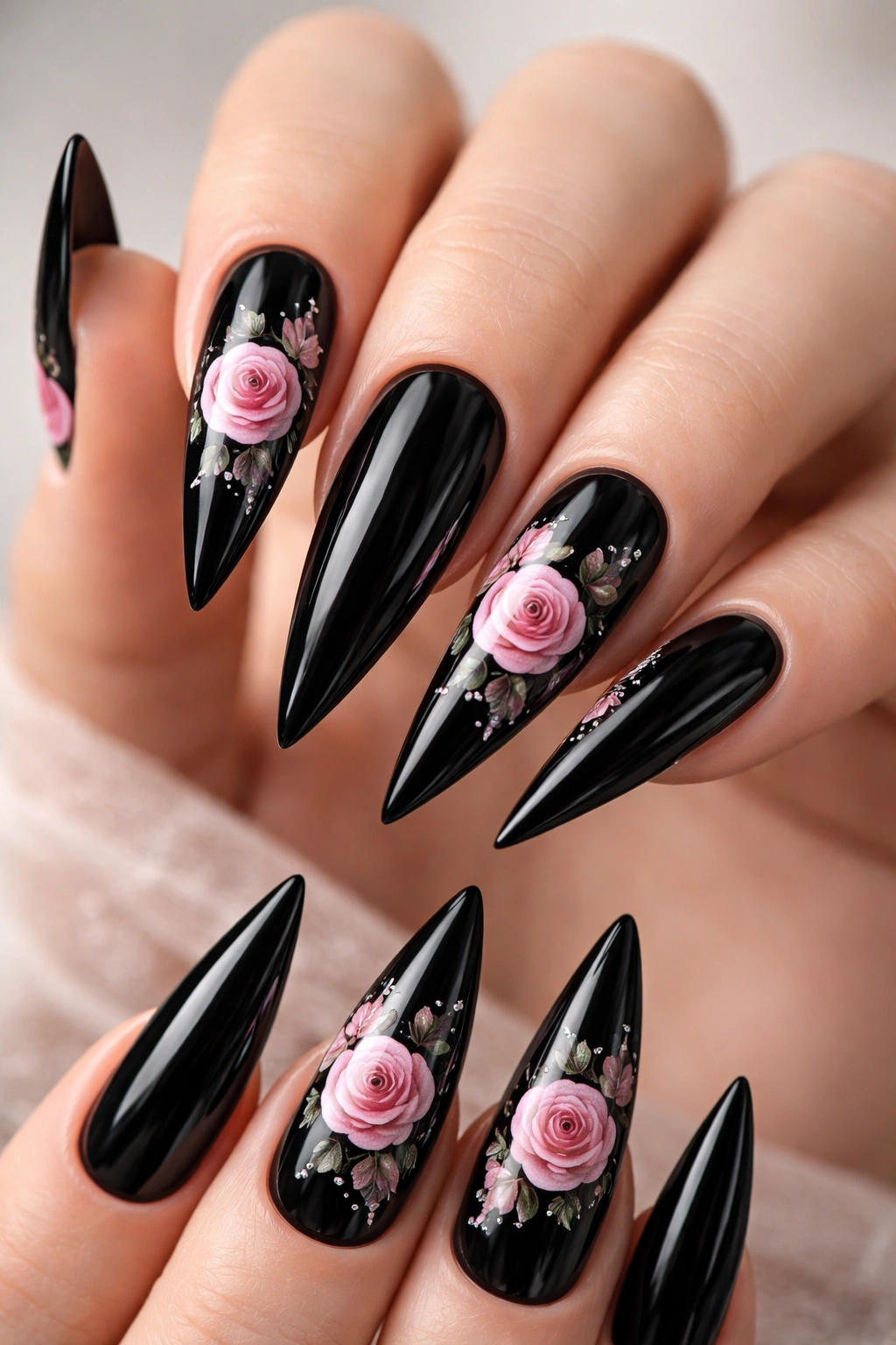 Black stiletto nails with pink rose details on a bare hand