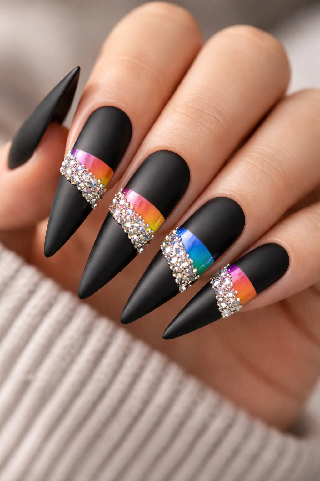 Close-up of black stiletto nails with rainbow gradient band and crystal cluster