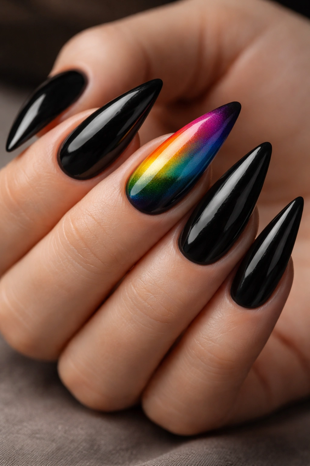 Black stiletto nails with rainbow gradient accents