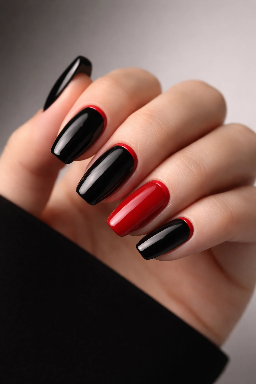Close-up of nails with black base and red accent nails