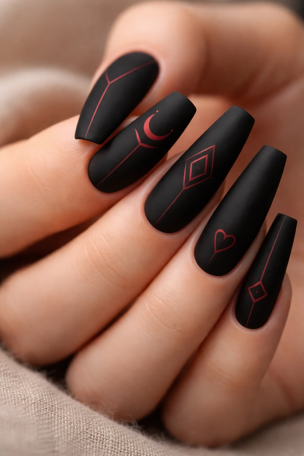 Matte black coffin nails with precise thin red line art