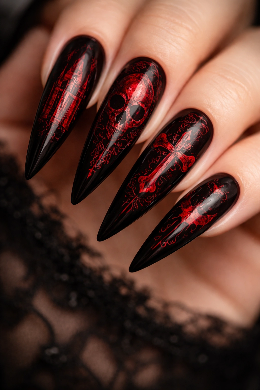 Black nails with red reverse-stamped gothic imagery